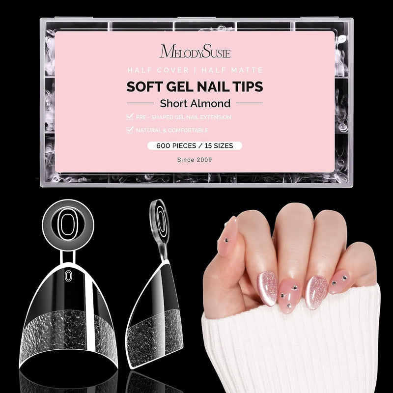 Heldere half matte half cover nageltips in short almond, 600 stuks in 15 maten
