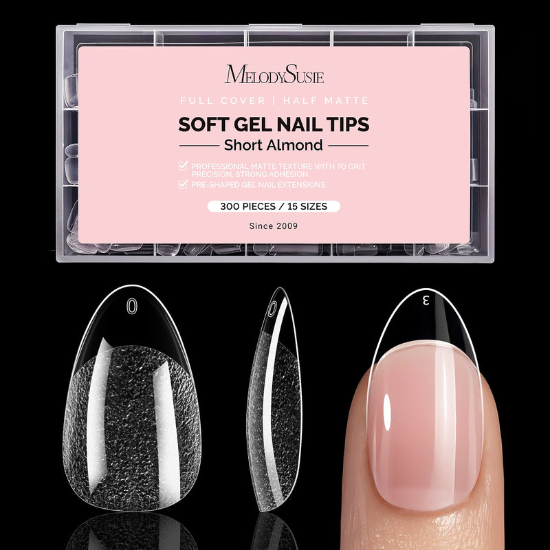 Heldere half matte nageltips in short almond, 300 stuks in 15 maten