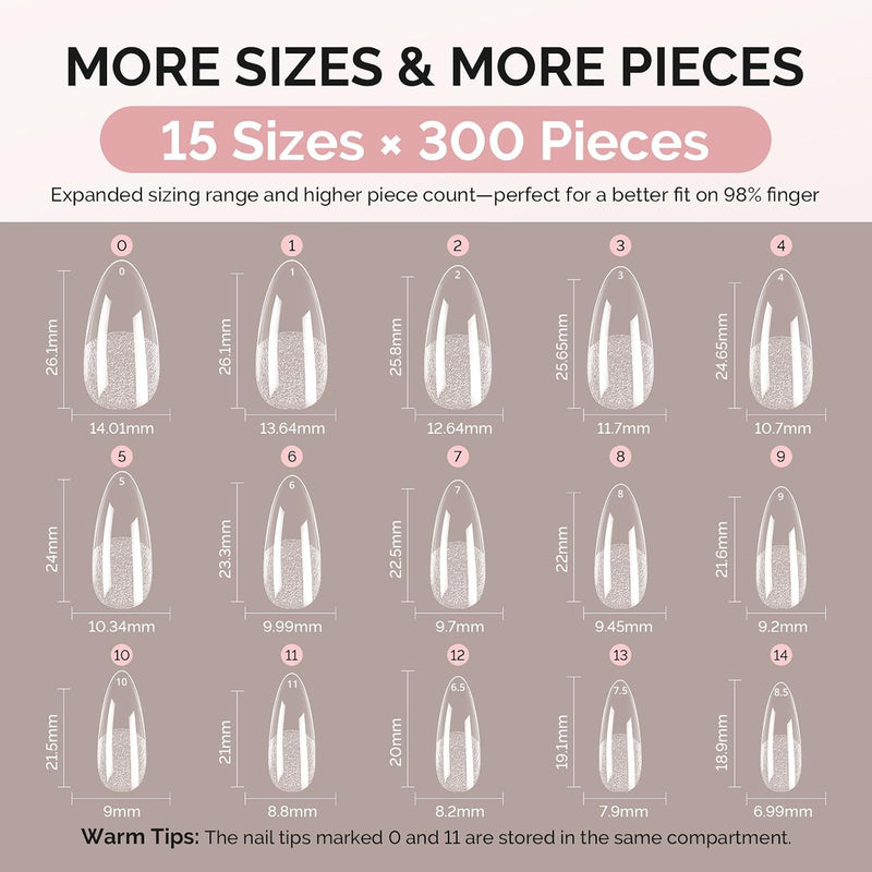 MelodySusie Full Cover Soft Gel Nail Tips Medium Almond 300pcs, heldere nageltips in amandelvorm