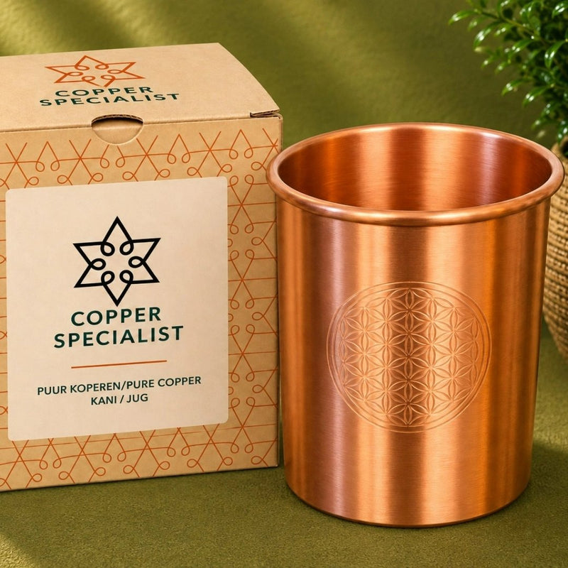 Ayurveda Specialist Pure Copper Cup Flower of Life Matte Brushed, koperen drinkbeker met gravering