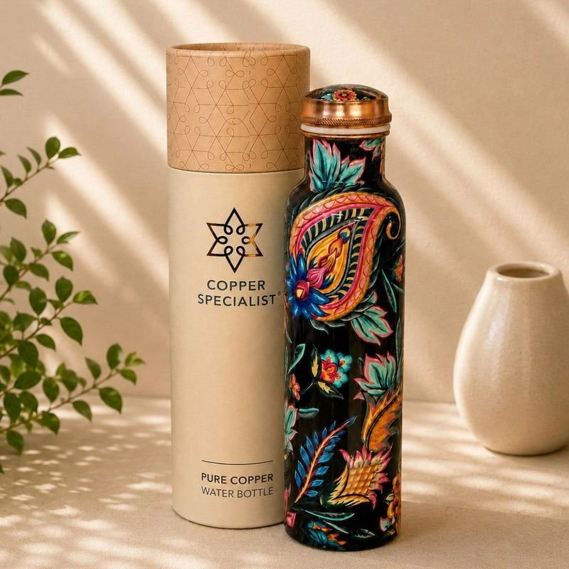 Ayurveda Specialist Pure Copper Water Bottle with Floral Print, koperen waterfles met bloemenprint