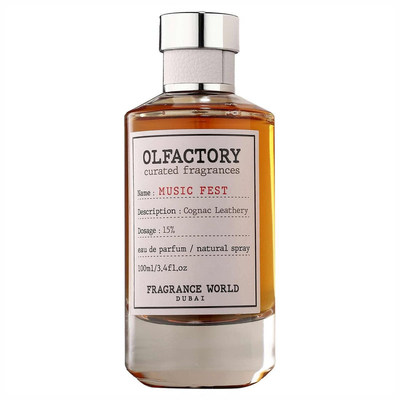 Fragrance World Olfactory Music Fest Eau de Parfum, een flesje met een warme en rokerige geur.