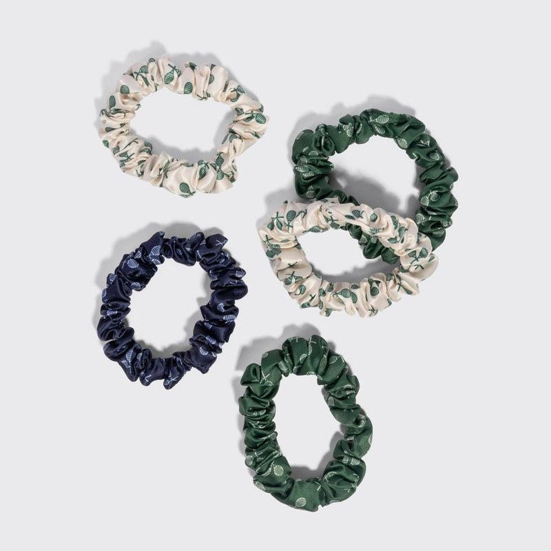 Kitsch Ruched Satin Scrunchies 5pc Set Cream Court Green & Navy Blue