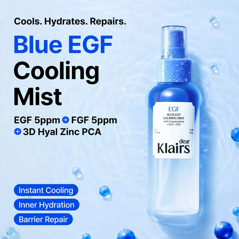 Klairs Blue EGF Calming Mist, bi-phase face mist voor hydratatie en verkoeling