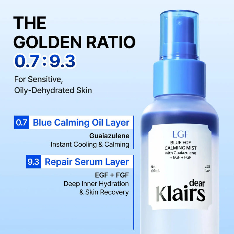 Klairs Blue EGF Calming Mist, bi-phase face mist voor hydratatie en verkoeling