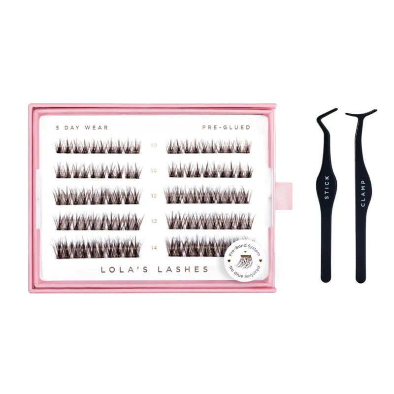 Lola's Lashes Soft Definition Brown Pre Glued Lashes Set, voorgelijmde wimperclusters in donkerbruin met applicator
