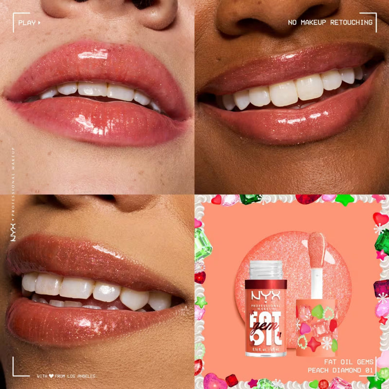 NYX Professional Makeup Bling the Halls Fat Oil Peach Diamond, glanzende lip oil met glitter, foto 2 van 6