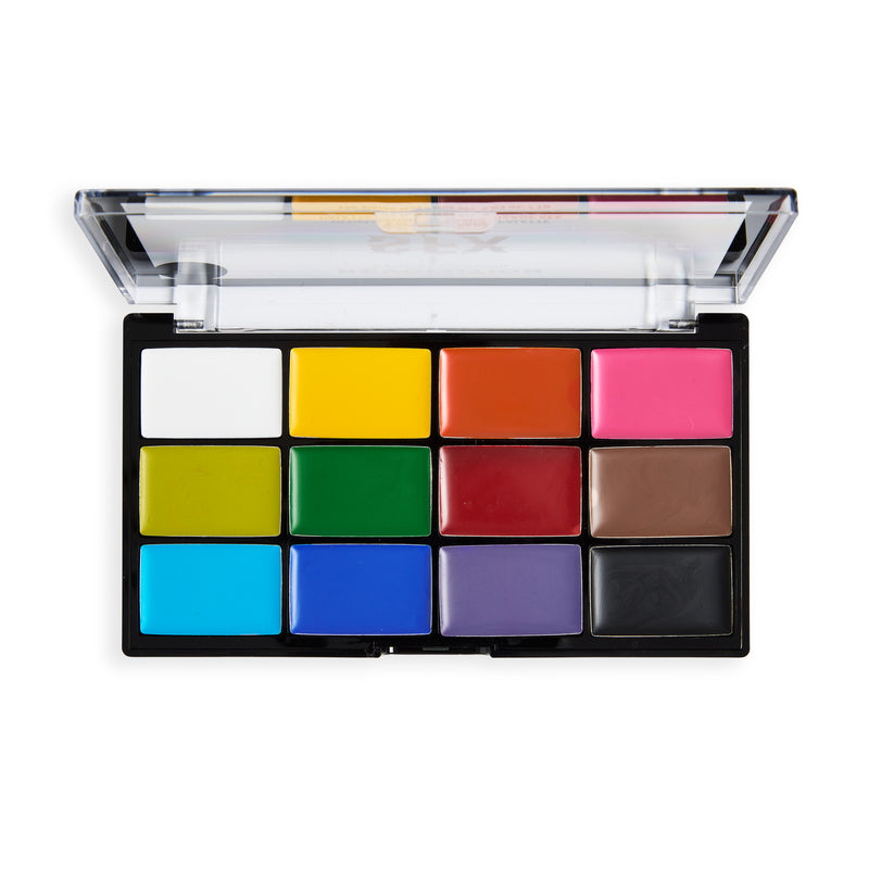 Open SFX Face Paint Palette with 12 cream colours from white and yellow to blue, purple and black