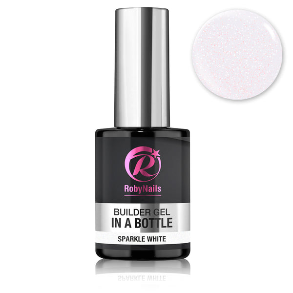 Flesje RobyNails Builder Gel In A Bottle Sparkle White met zilveren dop en witte glitterdruppel
