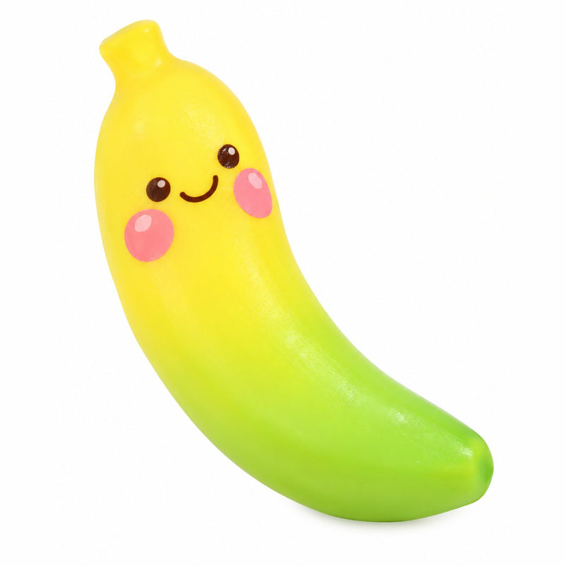 Squishy Slow Rising Banana Smiley Squishy, een slow rising squishy in de vorm van een gele banaan met een smiley.
