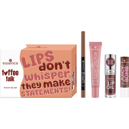 Essence Toffee Talk Brown Lip Set, een lip kit met lipliner en lippenstift in bruine tinten