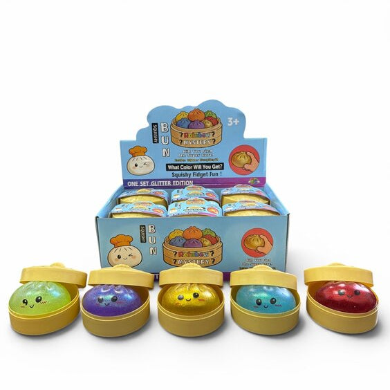 Mystery Glitter Dumpling Squishy, zachte dumpling squishy gevuld met glitters in displayverpakking.