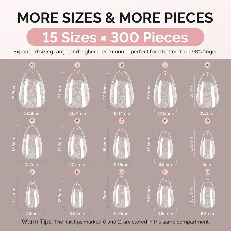 MelodySusie Full Cover Soft Gel Nail Tips Short Almond, set van 300 heldere nageltips in korte amandelvorm.