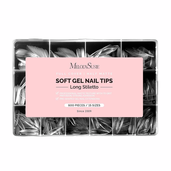 Heldere half matte nageltips in long almond stiletto, 600 stuks in 15 maten