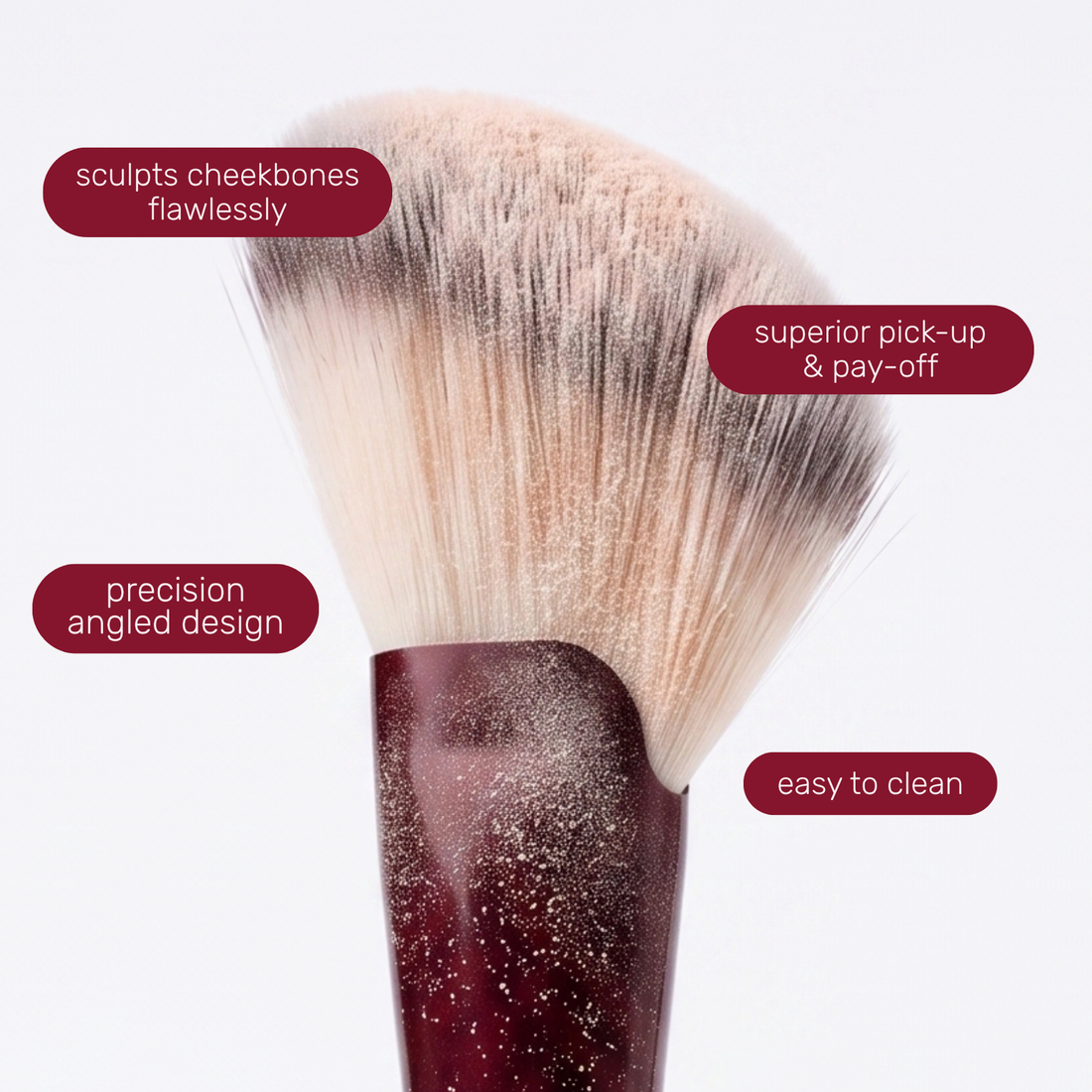 Brush head of the Boozyshop Flawless Angled Powder Brush with text labels about how to use it