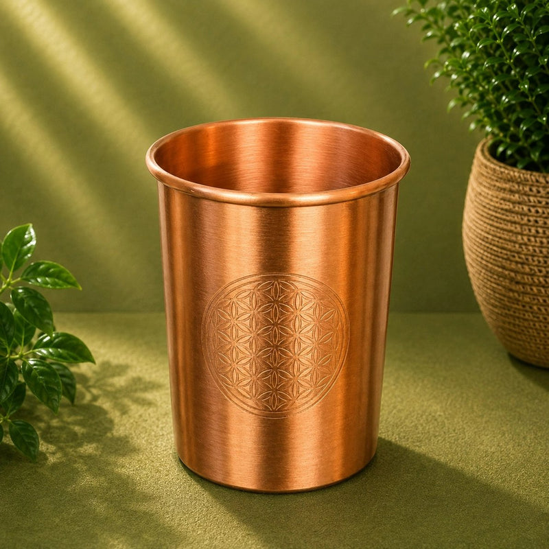 Ayurveda Specialist Pure Copper Cup Flower of Life Matte Brushed, koperen drinkbeker met gravering