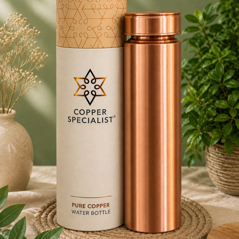 Ayurveda Specialist Pure Copper Water Bottle Straight Model Matte Brushed, koperen waterfles