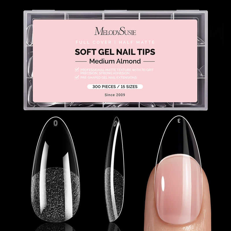 Heldere half matte nageltips in medium almond, 300 stuks in 15 maten