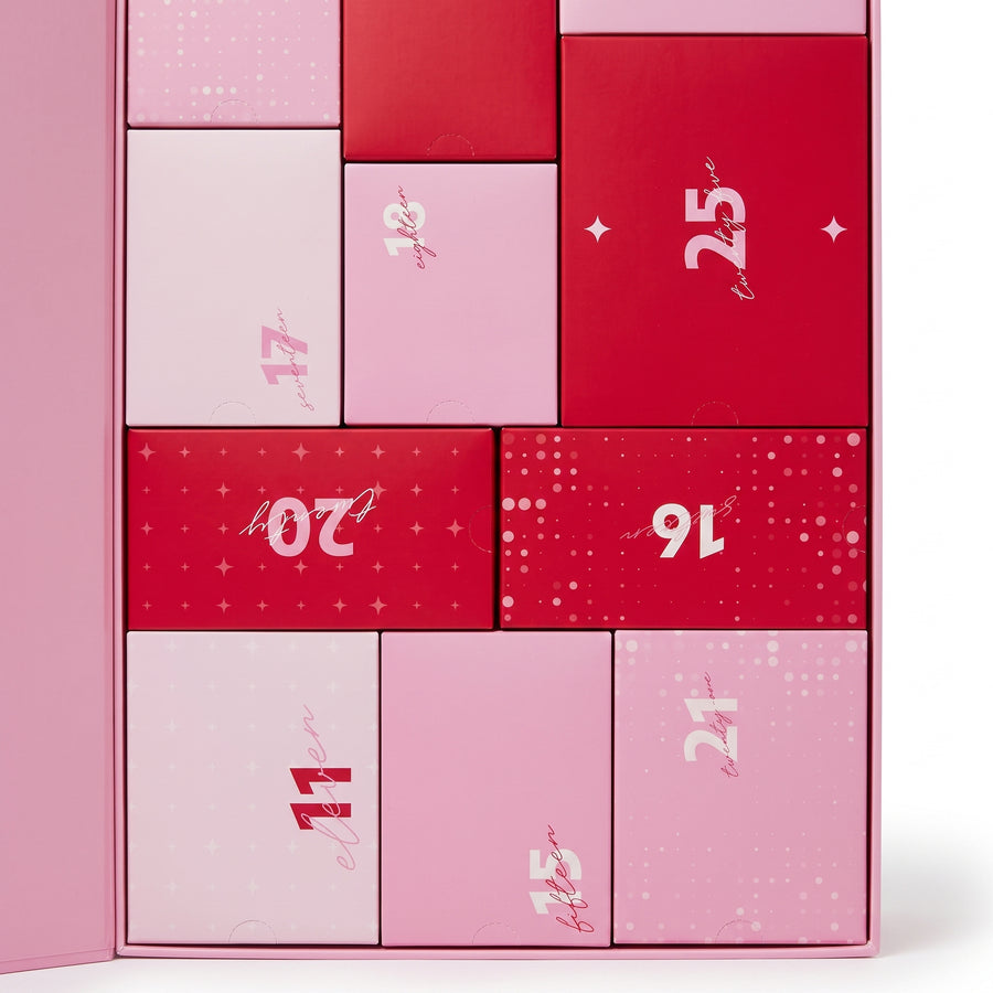 Boozyshop Adventskalender 2026, close-up van de genummerde vakjes in roze en rood