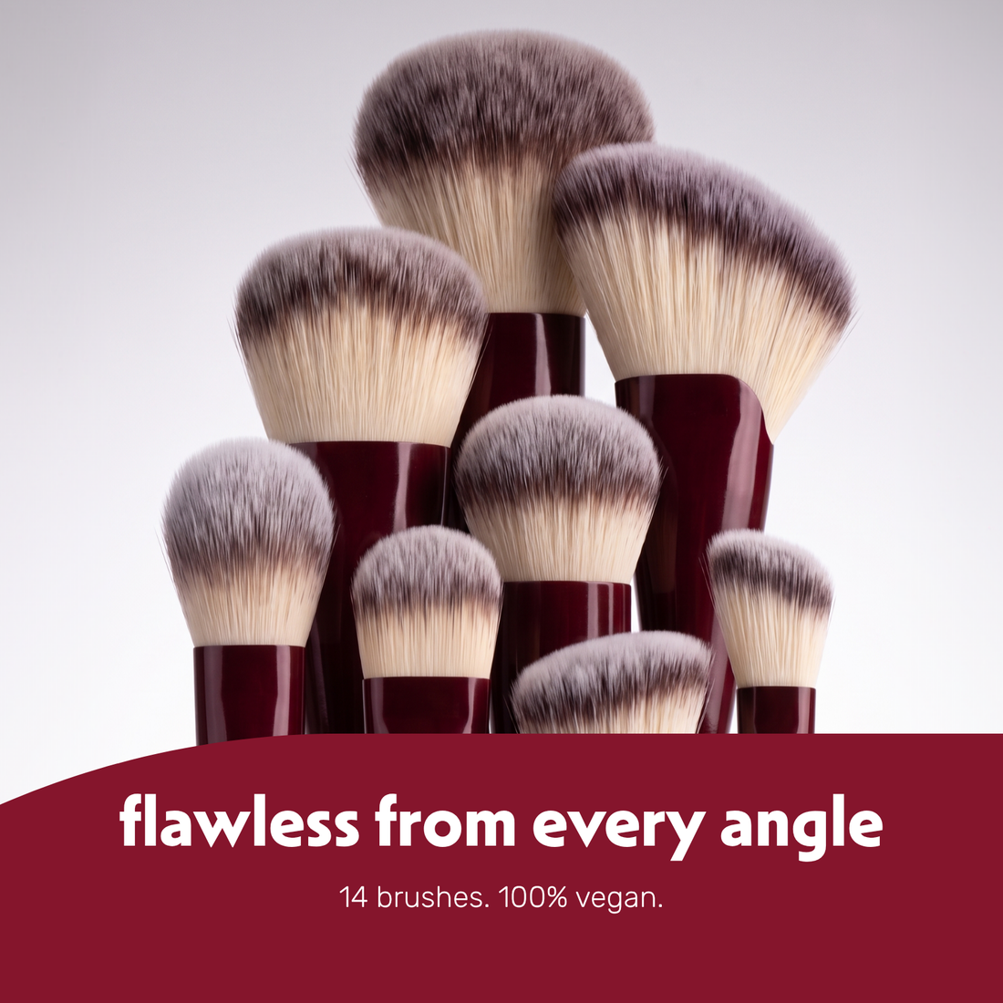 The fourteen brushes of the Boozyshop Flawless brush line side by side
