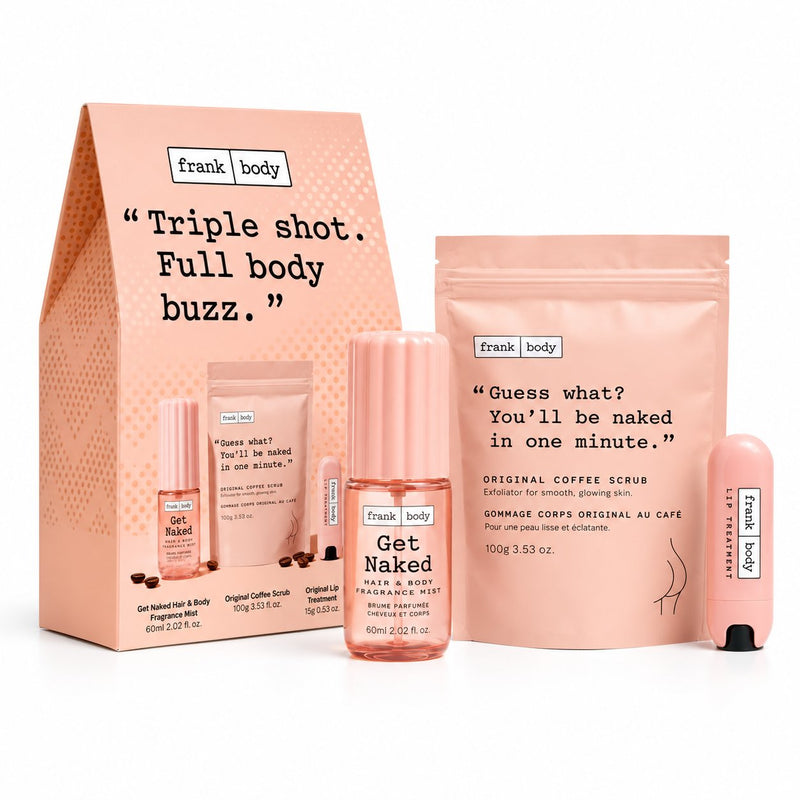 Frank Body Triple Shot Kit, verzorgingsset met scrub, mist en lippenbalsem
