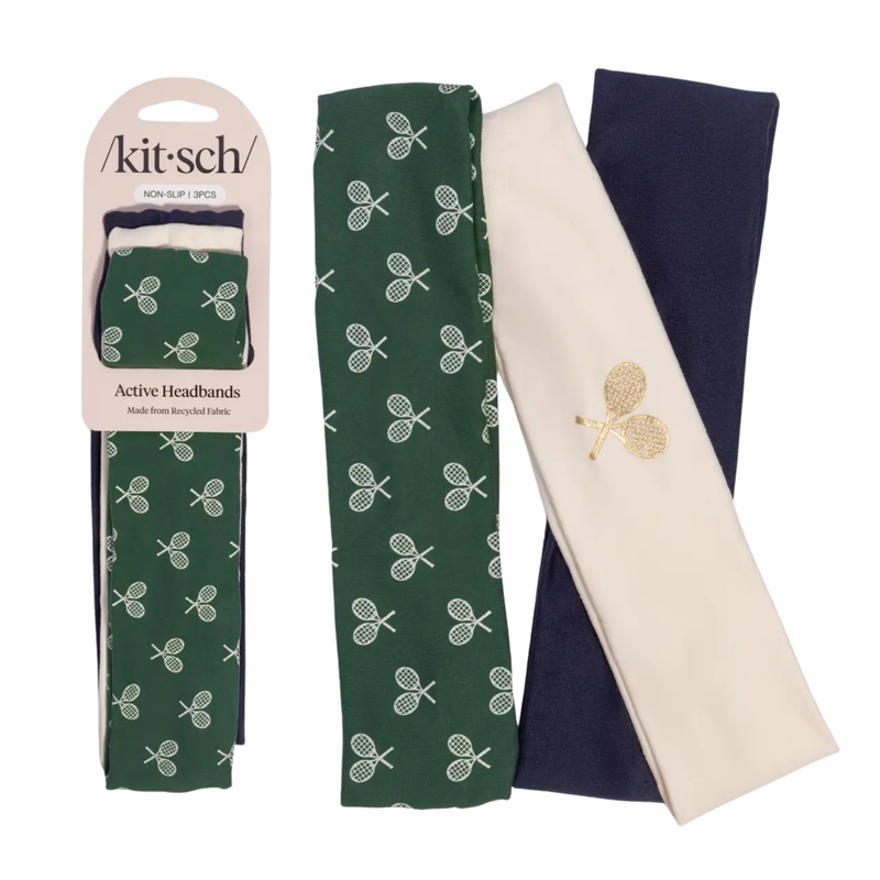 Kitsch Recycled Fabric Active Headbands 3pc Set Cream Court Green & Navy Blue