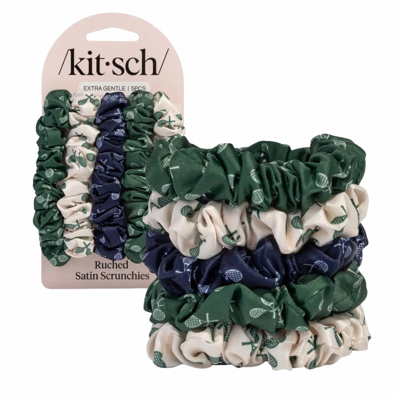 Kitsch Ruched Satin Scrunchies 5pc Set Cream Court Green & Navy Blue