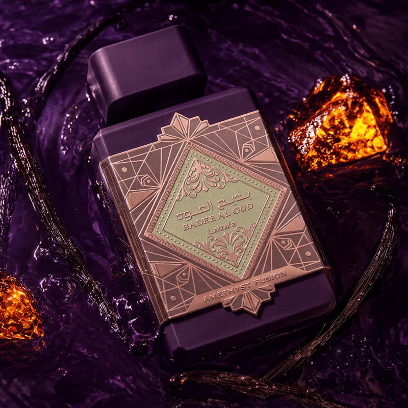 Lattafa Badee Al Oud Amethyst Fusion Eau de Parfum, een unisex gourmand-oosterse geur