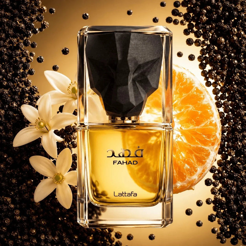 Lattafa Fahad Eau de Parfum voor heren, een oriëntaals fougère geur met fruitige en houtachtige noten.