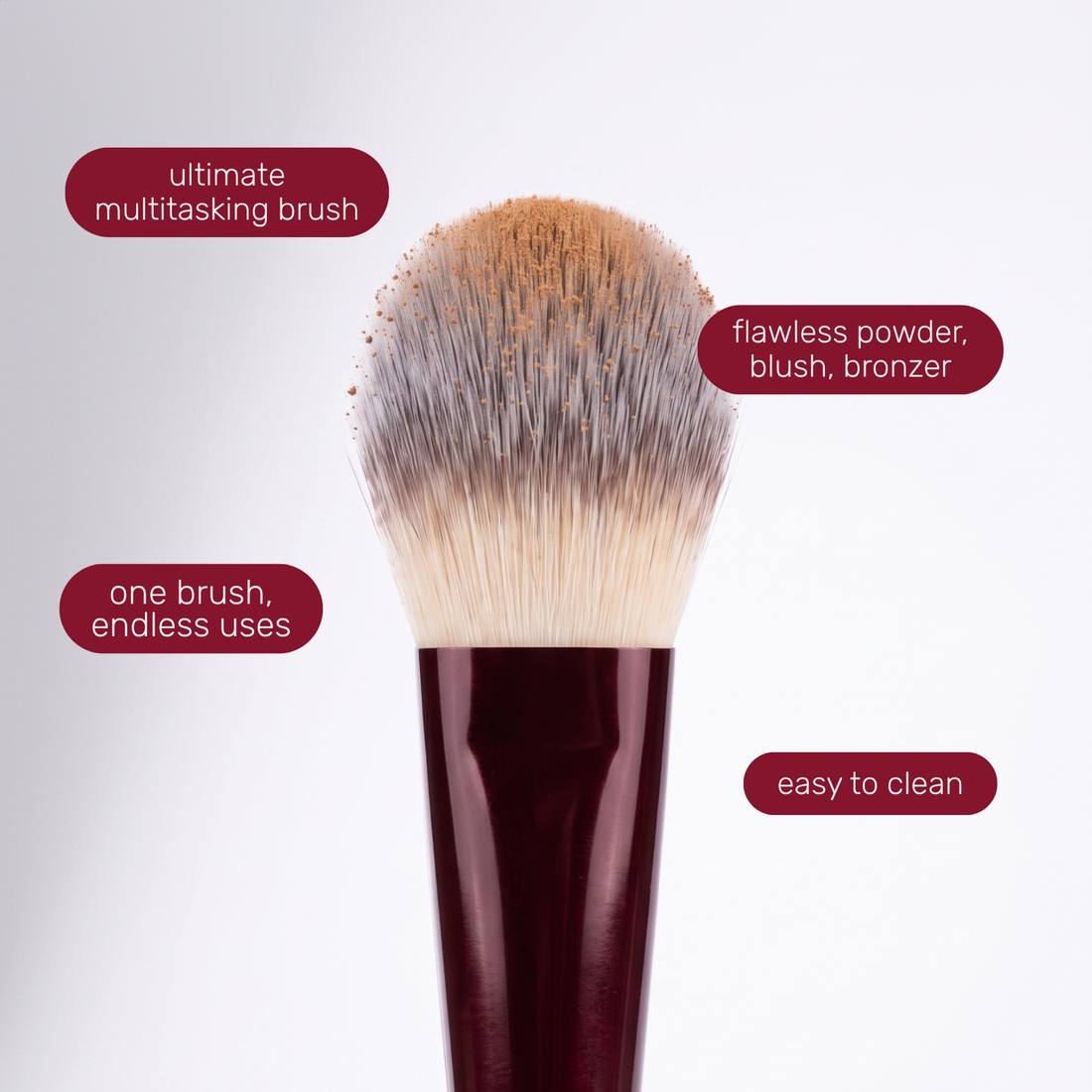 Brush head of the Boozyshop Flawless Multi Face Brush with text labels about how to use it