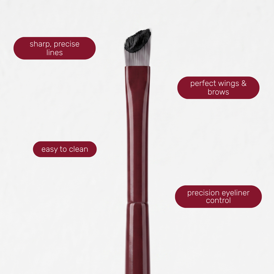 Brush head of the Boozyshop Flawless Precision Angle Eye Brush with text labels about how to use it