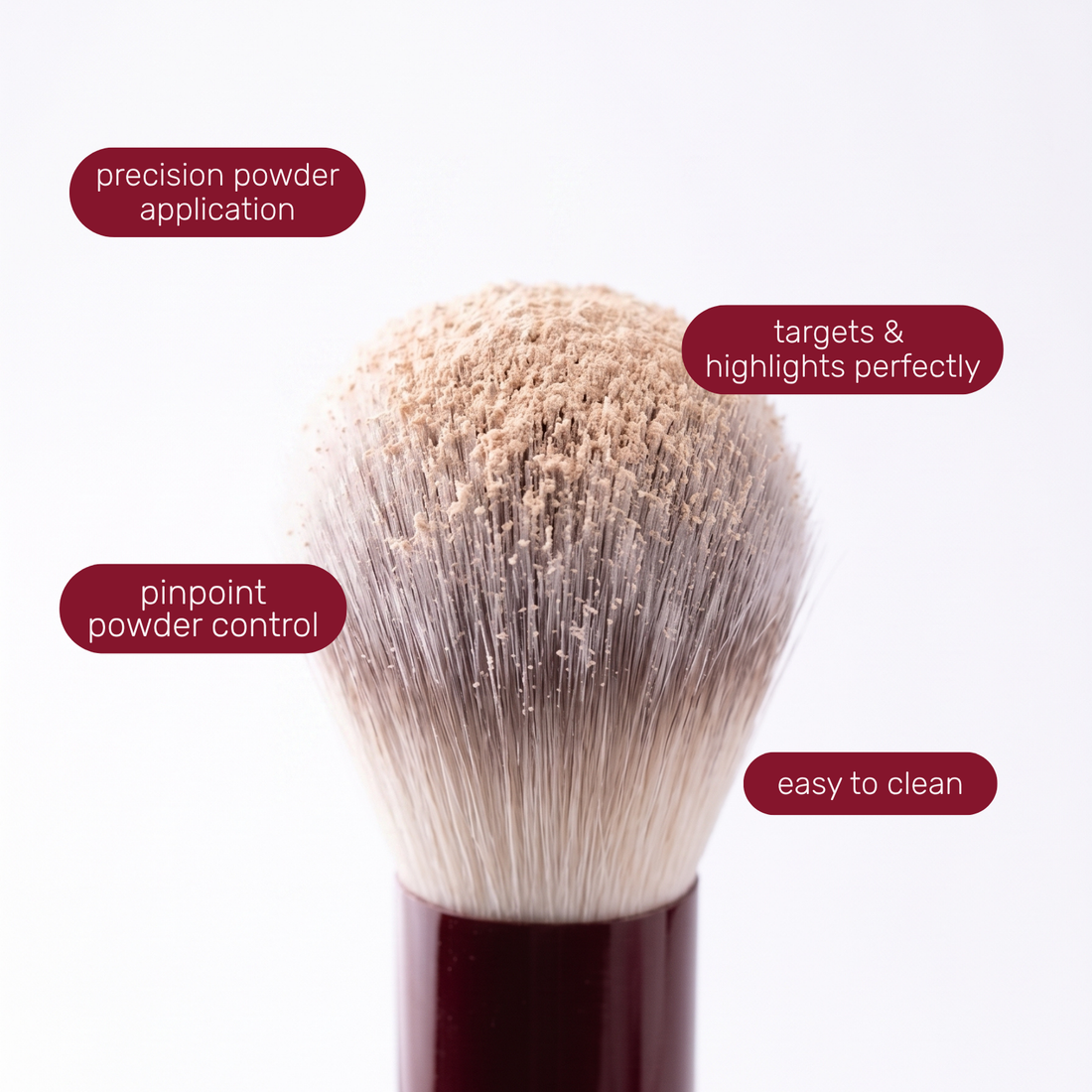 Brush head of the Boozyshop Flawless Precision Powder Brush with text labels about how to use it