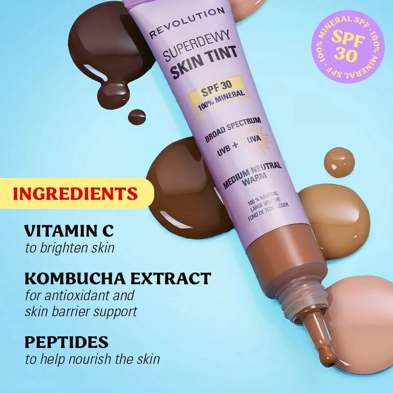 Revolution Superdewy SPF30 Skin Tint Dark Neutral Warm, lichte foundation met zonbescherming, foto 3 van 5