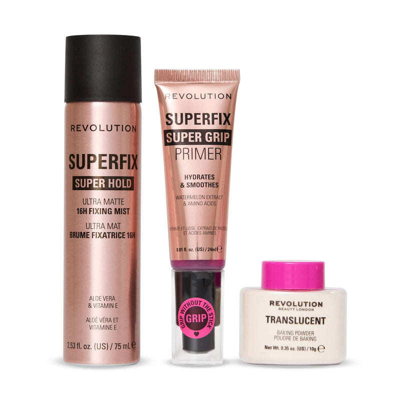 Revolution Superfix Bake & Set, make-up set met primer, poeder en fixing spray