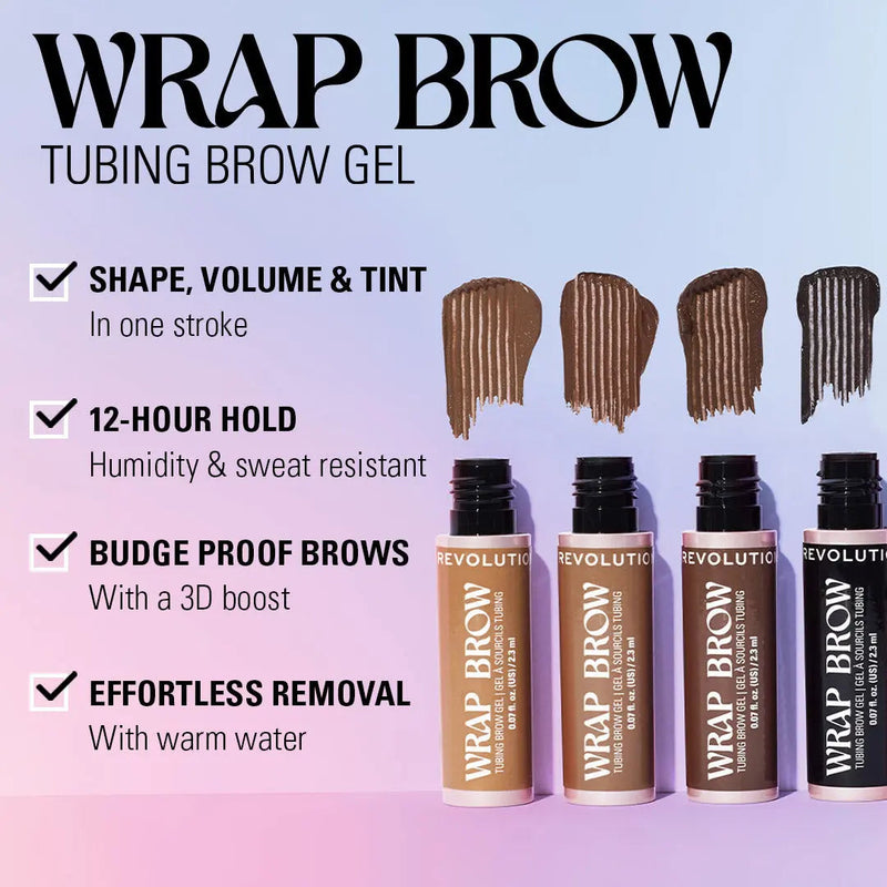 Revolution Wrap Brow Cool Medium Brown, wenkbrauwgel voor vorm, fixatie en kleur.