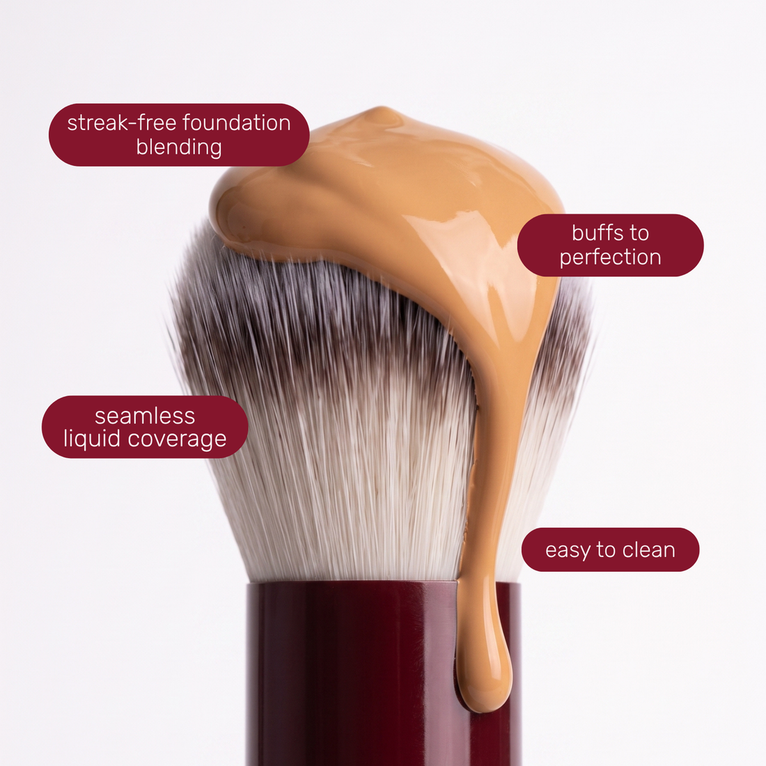 Brush head of the Boozyshop Flawless Round Foundation Brush with text labels about how to use it