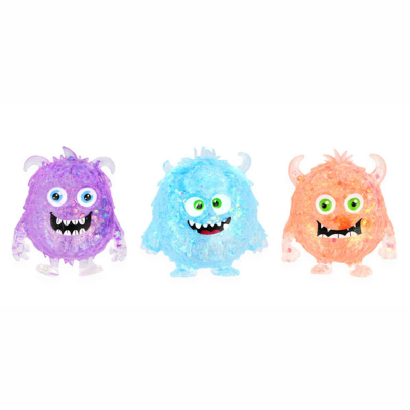 Squishy Mystery Glitter Monster Squishy, een kleurrijk knijpmonster gevuld met glitters.
