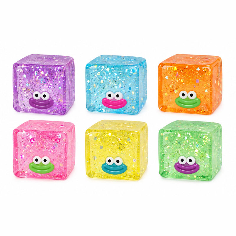 Squishy Mystery Sugar Glitter Cube 3D Smiley Squishy, kubusvormige squishy met glitters en een 3D smiley