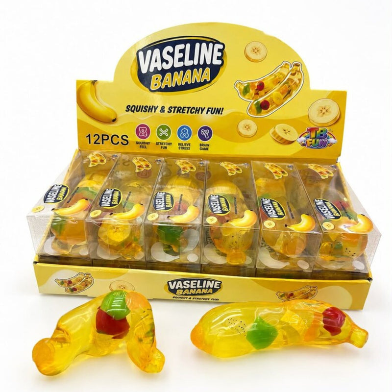 Squishy Vaseline Banana Fruit Filled Squishy, transparante banaan squishy met fruitstukjes